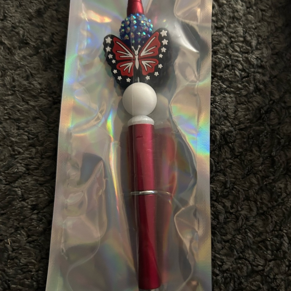 Hand Crafted Patriotic Red and White Butterfly Beaded Pen
